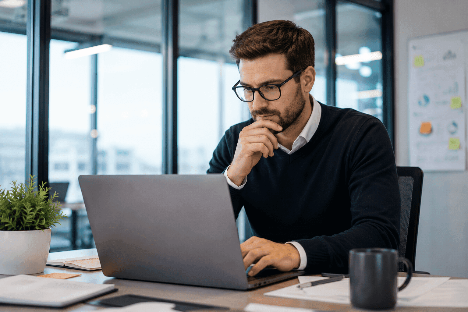 Homme concentré sur son ordinateur portable en phase de recherche logiciel